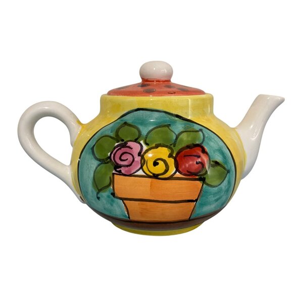 The Cellar Hand Painted Italy Ceramic Teapot Cat with Flowers - Picture 2 of 9